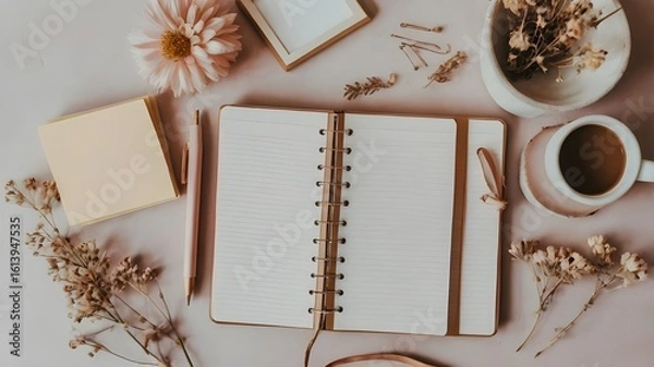 Obraz Aesthetic Flat Lay of Pastel Stationery and Dried Flowers