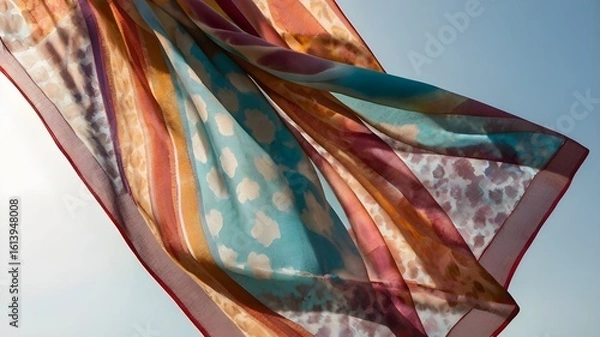 Obraz Elegant Patterned Silk Scarf with Gold and Blue Accents