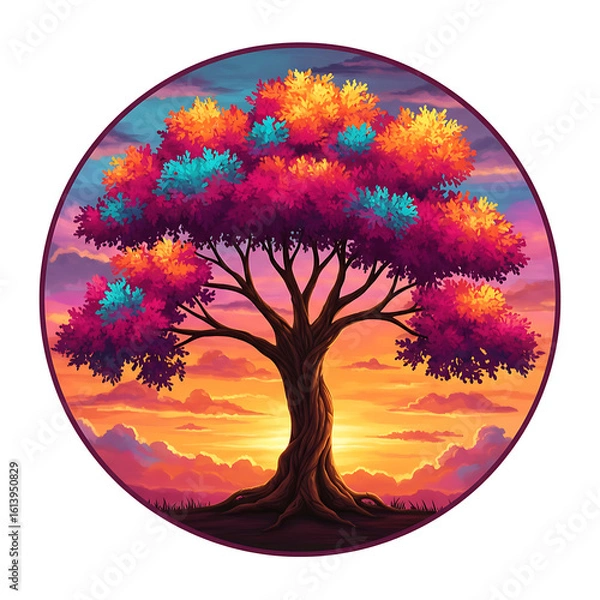 Fototapeta Vibrant fantasy tree in a circle isolated on transparent background