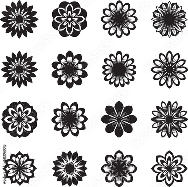 Fototapeta A diverse set of sixteen black and white stylized flower icons featuring various symmetrical and graphic floral designs