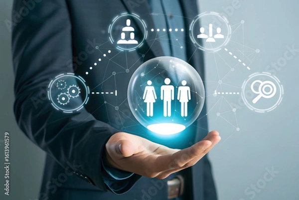 Fototapeta Businessman holding a glowing sphere with people icons representing team collaboration and success