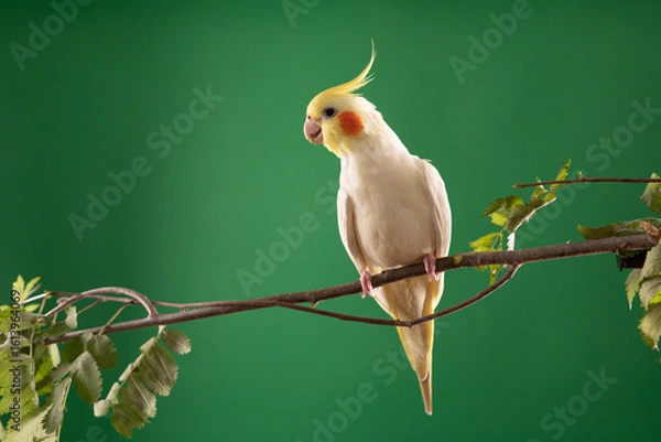 Obraz Cockatiel yellow bird on a branch, isolated on green background