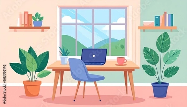 Fototapeta Illustration of a remote work setup: a cozy desk with a laptop, coffee, plant, and a window view
