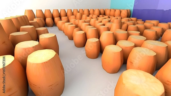 Fototapeta Many terracotta-colored, rounded, cylindrical objects, arranged in a grid pattern on a light-colored floor