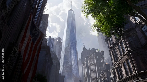 Fototapeta Low-angle view of a stylized New York City skyline, with a prominent skyscraper, amidst historic buildings and foliage.  A sense of urban decay and modernization