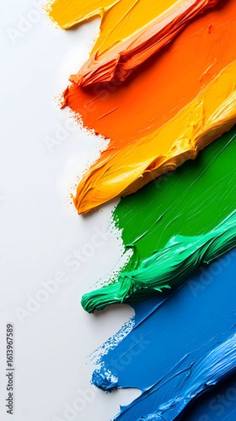 Fototapeta Vibrant paint strokes in hues of the rainbow, layered on white background.  Thick, textured application, showcasing bold colours