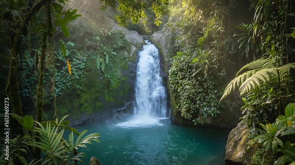 Fototapeta Beautiful waterfall cascading into a turquoise pool surrounded by lush tropical foliage