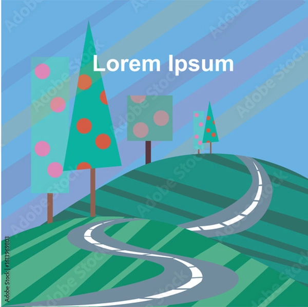 Fototapeta Abstract landscape with route on hill, tree. Modern romantic nature background Lorem Ipsum for web, for print