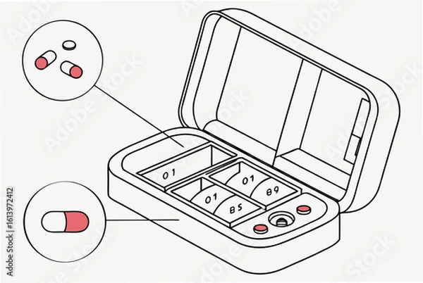Obraz Open Pill Organizer with Capsules and Tablets.