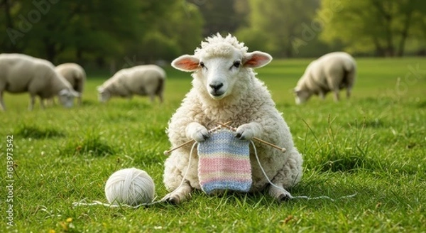 Fototapeta A charming sheep knitting in a lush green meadow, a whimsical and unexpected pastoral scene