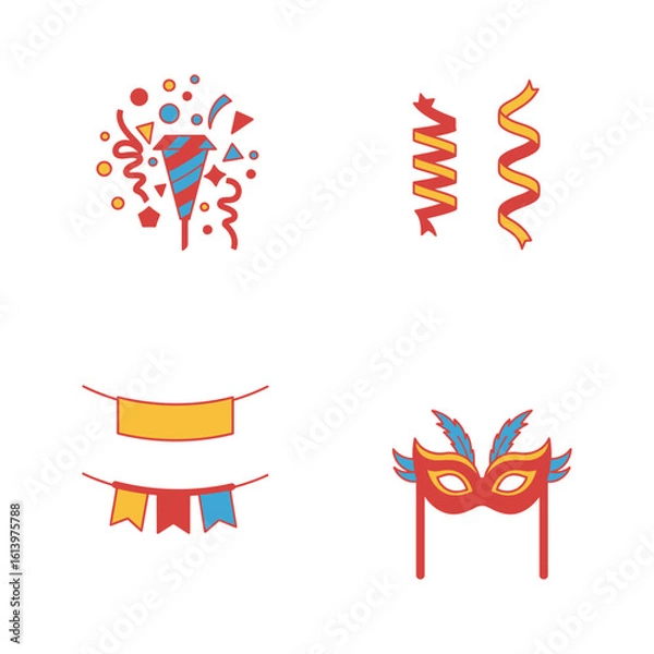 Fototapeta Colorful Celebration Icons Set Featuring Confetti Streamers Banners and a Mask