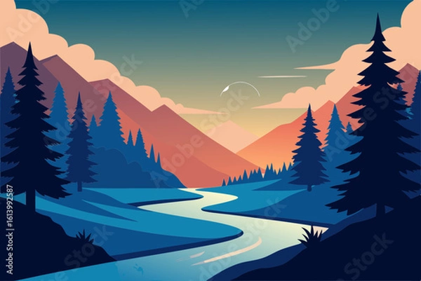 Obraz Lush Forest with Pine Trees and Clear River Vector Scene