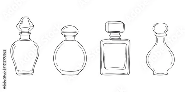 Obraz Perfume bottle glass and cosmetic shapes outlined in luxury packaging design. Elegant container sketch with aroma and fragrance concept. Suitable for branding, spa or fashion content.