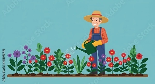 Fototapeta Joyful Gardener Watering Vibrant Flowers: A cheerful illustration of a smiling farmer tending to a colorful flower garden, showcasing a flat design style with a