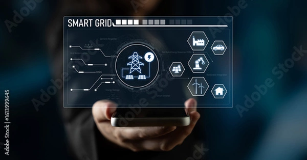 Fototapeta Smart grid system integrating renewable energy sources, energy storage, smart inverters, and demand response for efficient, decentralized, and modern power distribution Latch