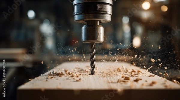 Fototapeta Intimate Look at Drilling Holes in Wood: Precision Work with Power Tools in a Manufacturing Environment