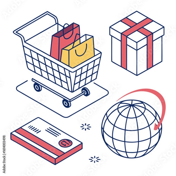 Obraz Isometric Shopping Cart with Global Commerce Elements.