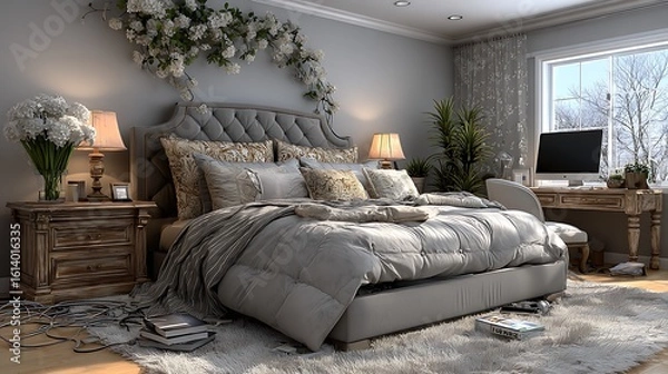 Fototapeta Spacious bedroom, wires on the carpet high resolution picture