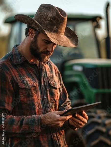 Obraz Man in a cowboy hat using tablet on the farm.