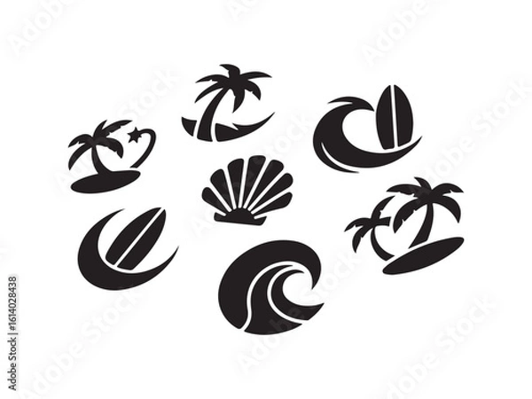 Fototapeta Collection of tropical beach and surf icons silhouette vector isolated on white background