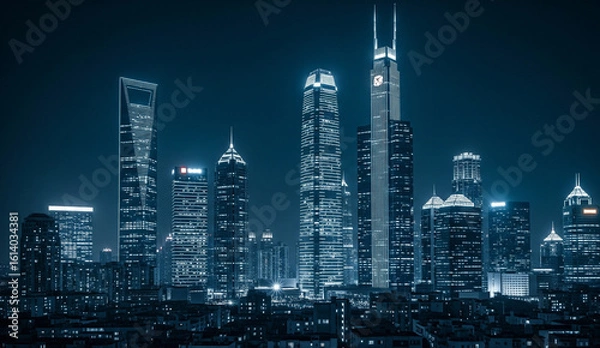 Fototapeta Modern Cityscape Skyline at Night: Illuminated Skyscrapers in Deep Blue Tone