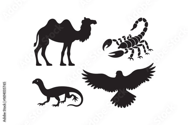 Fototapeta Desert wildlife silhouette collection camel scorpion lizard bird