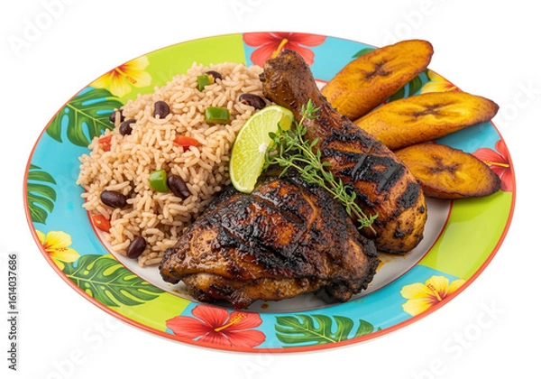 Fototapeta Authentic Jamaican Jerk Chicken with Rice and Peas and Plantains