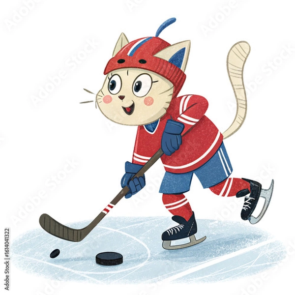 Fototapeta A fun cartoon illustration of a boy playing ice hockey with his dog in the snow