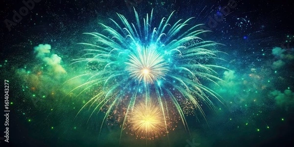 Obraz Vintage Fireworks: Blue Green Particle Explosion, Abstract Festive Background