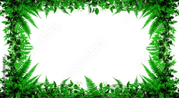 Fototapeta Lush green fern foliage forms a decorative border around a central dark space isolated on transparent background