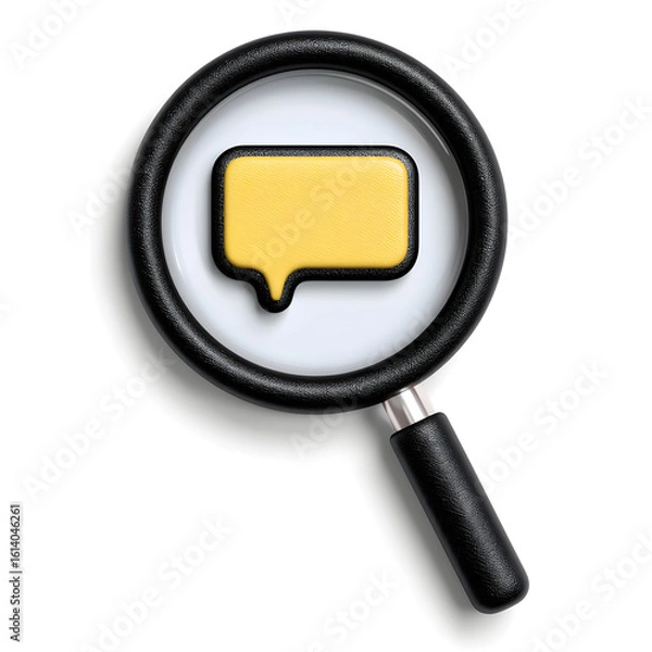 Fototapeta Message Inquiry: A close-up shot captures a sleek black magnifying glass, its lens focused intently on a vibrant yellow speech bubble. This image represents the act of finding answers.