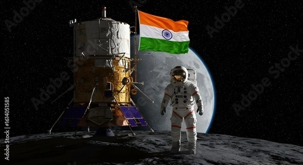 Obraz India's Lunar Triumph: Astronaut on the Moon with Chandrayaan-3 Lander and National Flag