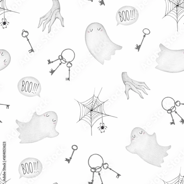 Fototapeta Seamless halloween pattern with ghosts, cobwebs and keys.