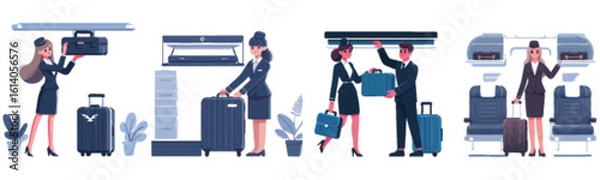Obraz Airport scenes: Flight attendants assist passengers with luggage, overhead bins, and check-in.