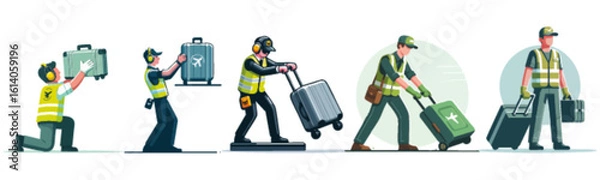Obraz Sequence of illustrations showing a worker handling luggage and medical cases.