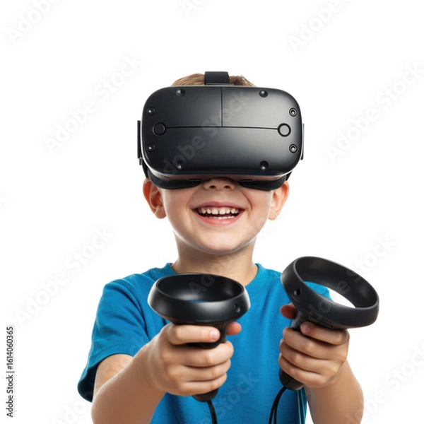 Fototapeta A young boy is filled with joy while using a virtual reality headset and controllers.