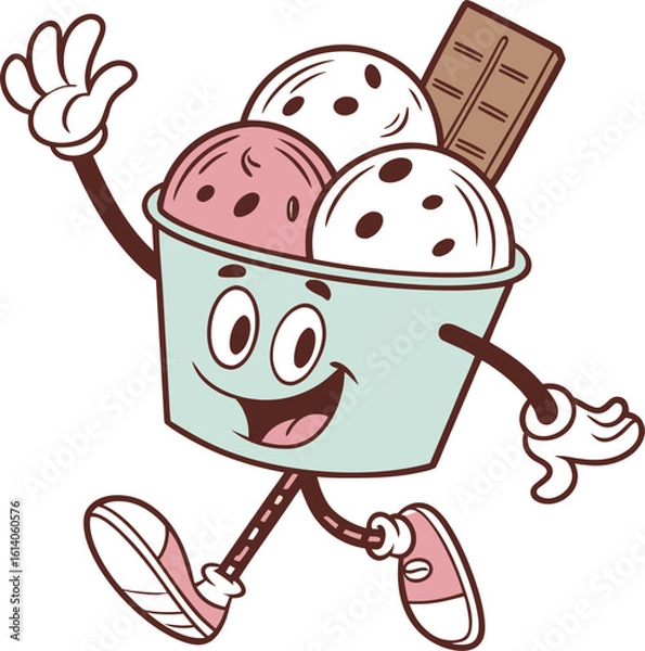 Obraz Happy cartoon ice cream cup character with three scoops of ice cream and a chocolate bar waving and running with a cheerful expression