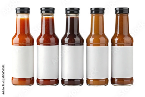 Fototapeta Five glass bottles filled with sauces and condiments feature blank white labels for custom branding and product promotion
