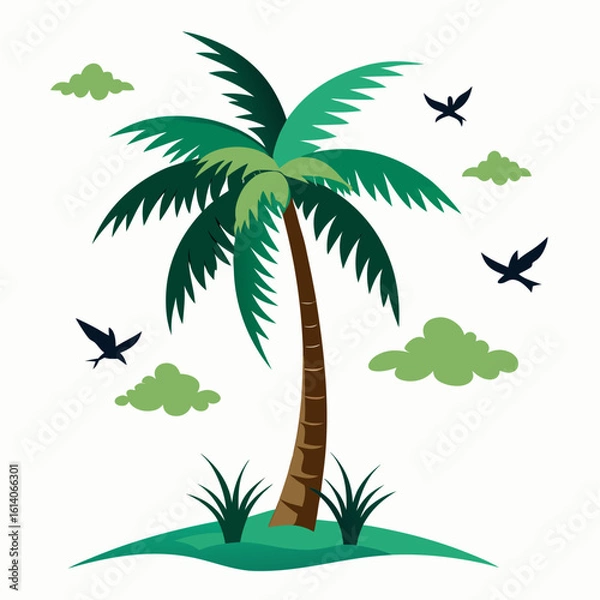 Fototapeta Palm tree with birds flying around