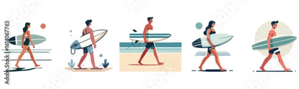 Obraz Illustration of people carrying surfboards on the beach in different scenes.