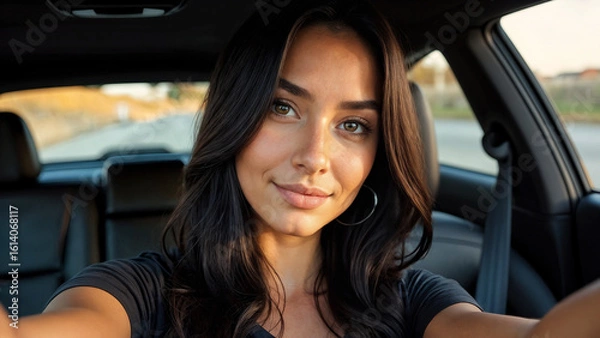 Obraz young beautiful woman taking selfie in car