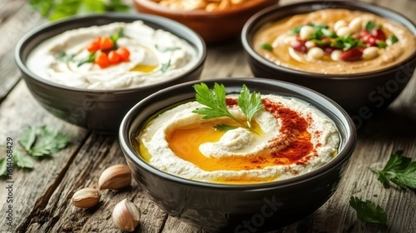 Fototapeta Assorted Healthy Dips in Bowls on Rustic Wooden Table