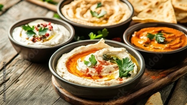 Obraz Assorted Hummus Varieties with Fresh Ingredients on Rustic Table