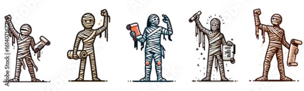 Obraz Five cartoon mummies in various poses, some holding objects like scrolls and drinks.