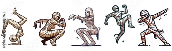 Obraz Five mummies in various dynamic poses, showcasing flexibility and modern dance moves, including a handstand, squat, and dab.