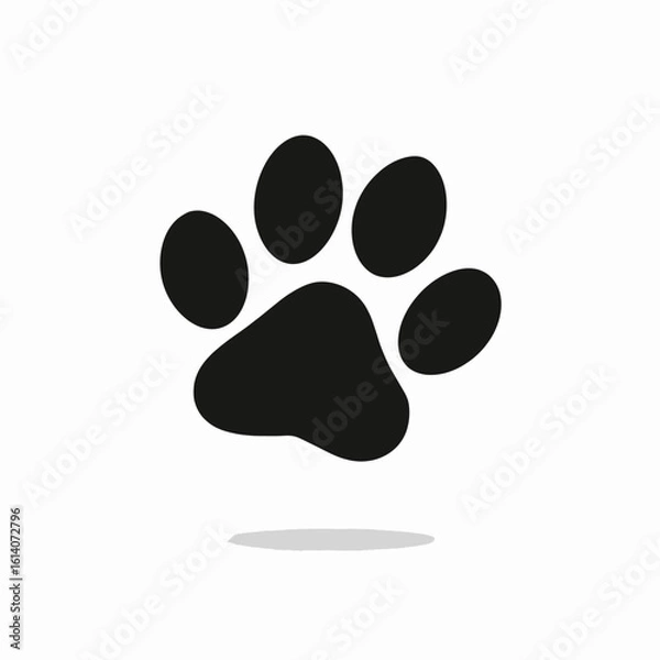 Fototapeta Simple black paw print vector icon with subtle shadow, perfect for pet care, animal rescue, veterinary clinics, or wildlife conservation design projects.