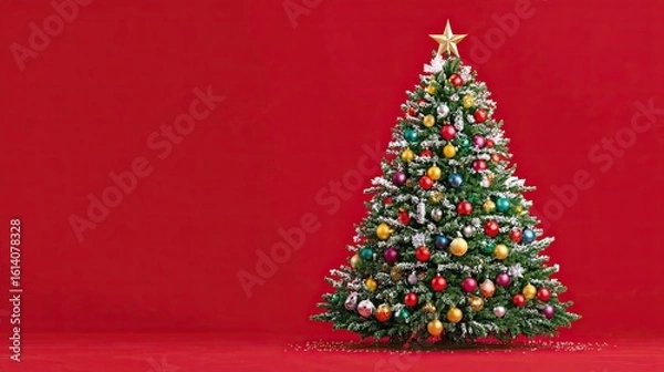 Fototapeta Decorated Christmas tree with colorful baubles and golden star on red background with snowy branches