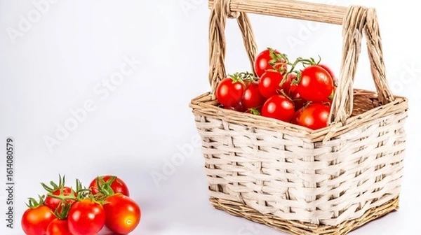 Fototapeta Fresh red tomatoes in a woven basket with green stems, placed on a light background, showcasing vibrant colors and natural textures for culinary and gardening themes