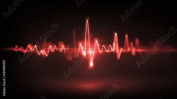 Fototapeta Abstract red soundwave on a dark background. Represents frequency, signal processing, audio engineering, and technological innovations in an artistic way.