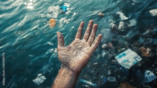 Fototapeta A hand reaches out from the water, surrounded by floating plastic waste and debris, highlighting pollution.